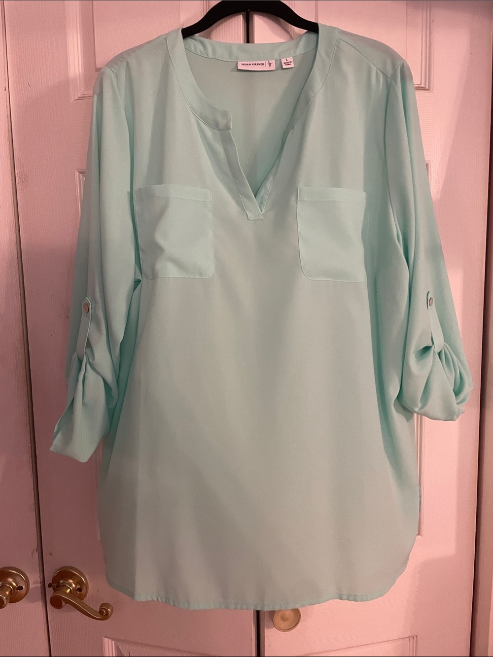 Susan Graver L Light Mint V-Neck Roll-Sleeve Women's Blouse